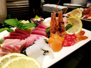 sashimi and fried prawns